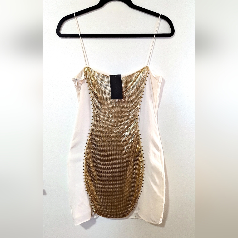 Sheri Bodell Sequin Metal Chain Party Dress Ivory Gold